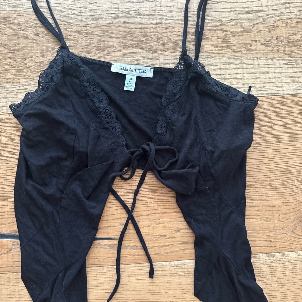 Urban Outfitters Black Tie Front Lace Trim Top size. Medium
